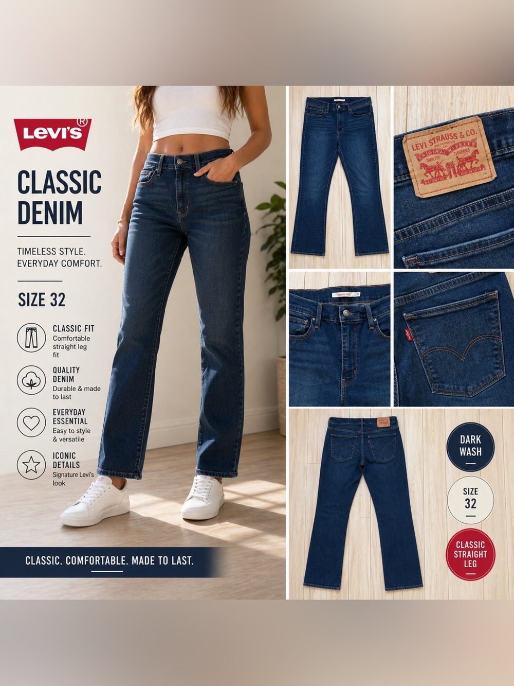 Levi’s Blue Jeans Women’s Size 32 Dark Wash Straight Leg Classic Denim